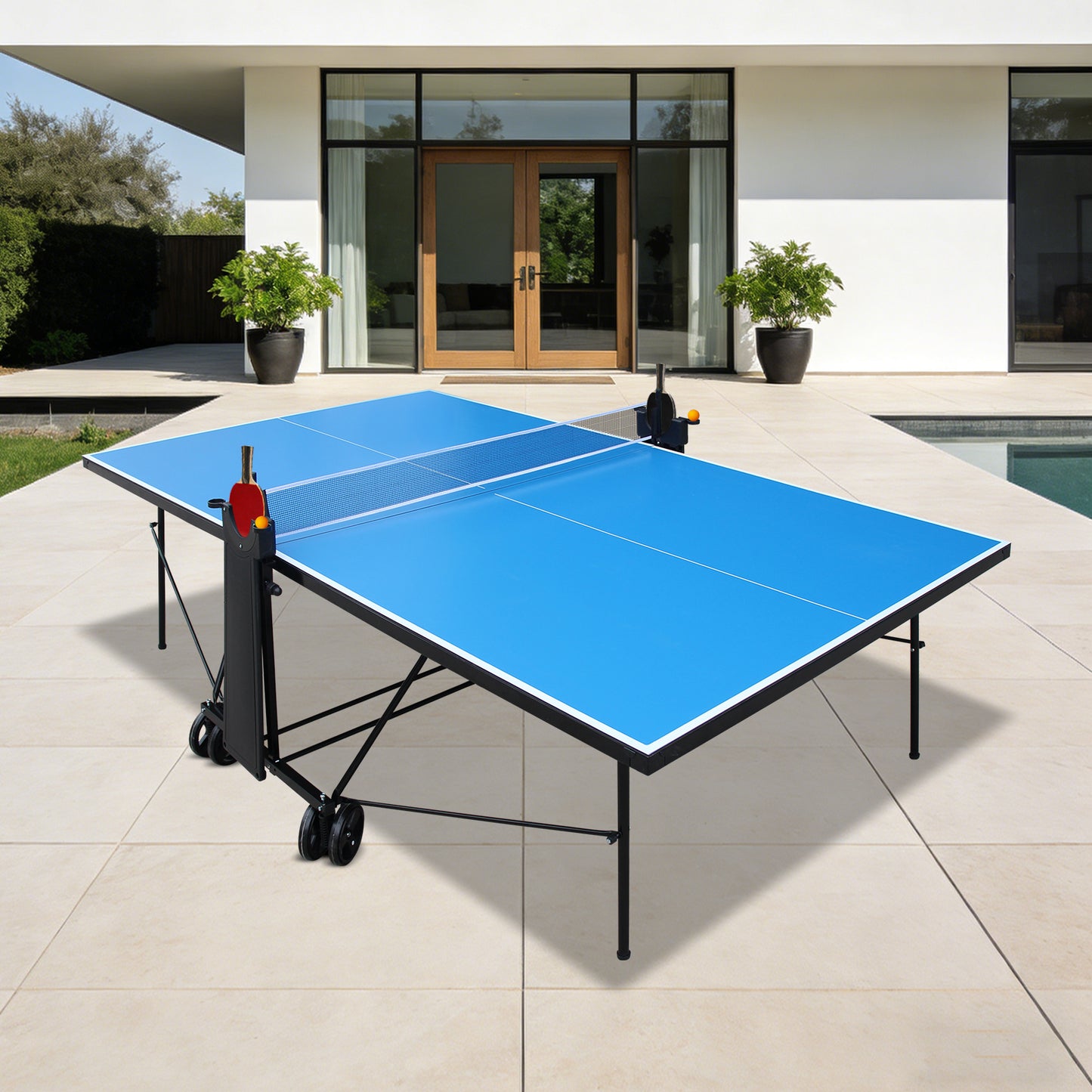 Offical Size Outdoor Table Tennis Table Foldable & Portable Ping Pong Table Set For Indoor Games With Net, 2 Table Tennis Paddles And 3 Balls