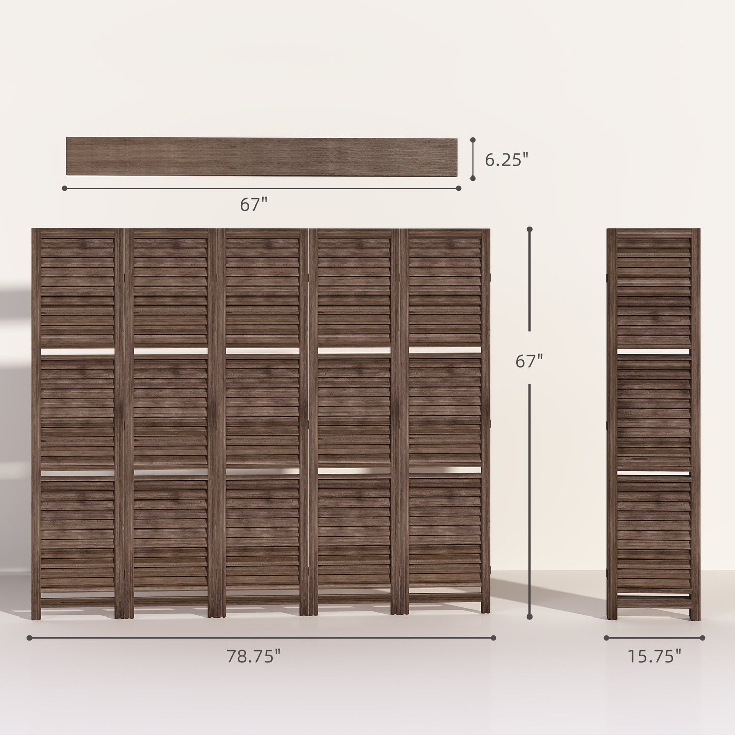 5 Panel 67" Tall Wood Privacy Screen Room Divider With 3 Shelves And Folding Storage For Bedroom, Walnut