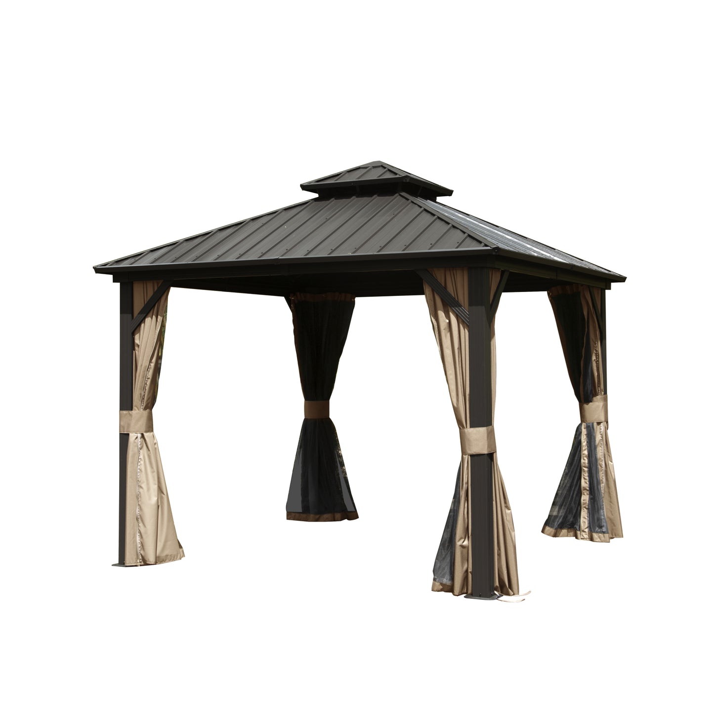 10  X 10  Hardtop Gazebo, Aluminum Metal Gazebo With Galvanized Steel Double Roof Canopy, Curtain And Netting, Permanent Gazebo Pavilion For Party, Wedding, Outdoor Dining, Brown