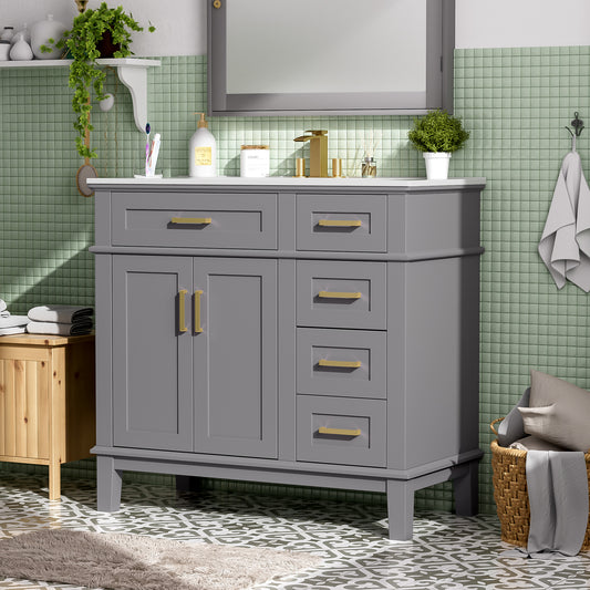 36  Gray Modern Bathroom Vanity With Ceramic Sink, Soft-Close Door, And 4 Storage Drawers ,offering A Refined Look With Practical Everyday Functionality. Old SKU N729P253935E