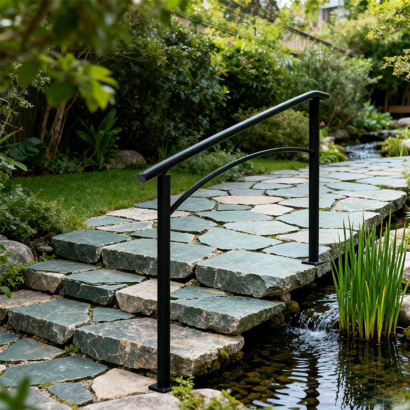 Handrails For Outdoor Steps, Fit 1 Or 3 Steps Outdoor Stair Railing, Black Wrought Iron Handrail, Flexible Front Porch Hand Rail, Transitional Handrails For Concrete Steps Or Wooden Stairs