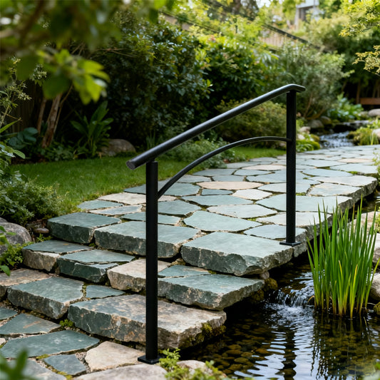 Handrails For Outdoor Steps, Fit 1 Or 3 Steps Outdoor Stair Railing, Black Wrought Iron Handrail, Flexible Front Porch Hand Rail, Transitional Handrails For Concrete Steps Or Wooden Stairs