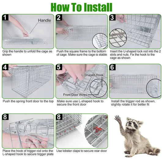 Humane Cat Trap Cage With Waterproof Cover Gloves Catch Release Live Animal Rodent Cage Collapsible Galvanized Wire For Raccoons Beavers Groundhogs Foxes Armadillos