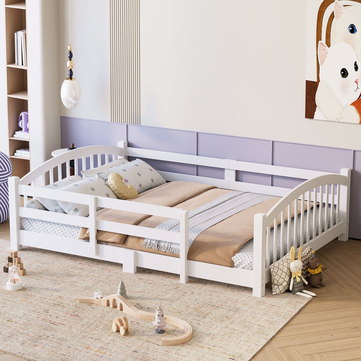 Full Montessori Floor Bed With Slats And Safety Guardrails, Solid Wood Floor Bed With Fence And Without Door, Easy Assemble Montessori Bed For Girls And Boys, White