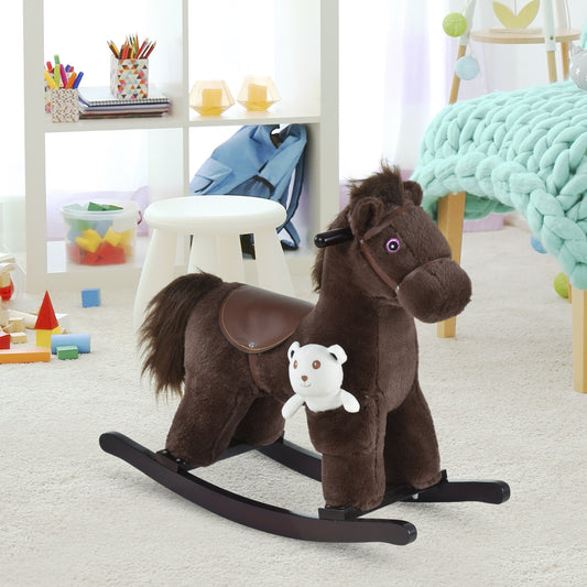 Kids Plush Ride-On Rocking Horse With Bear Toy, Children Chair With Soft Plush Toy & Fun Realistic Sounds, Brown