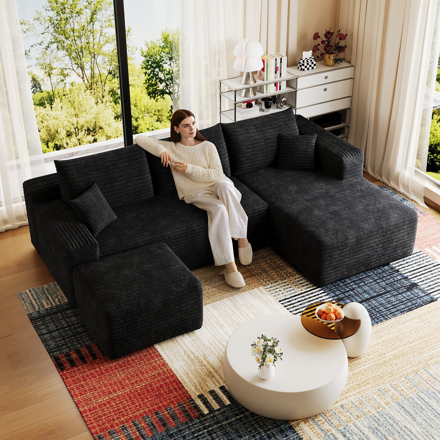 95  Cloud Sectional Sofa With 1 Ottoman,Modern Minimalist Upholstered Couches, Comfort U Shaped Sofa For Living Room,Deep Seat Corner Couch,No Assembly Required,Black  Plush Corduroy Fabric