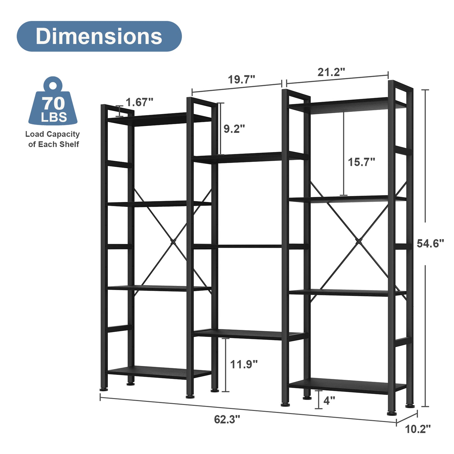 A Wide Bookshelf With Adjustable Shelves, Which Can Be Transformed Into An Industrial-style Display Unit With Three Columns And Four Layers.