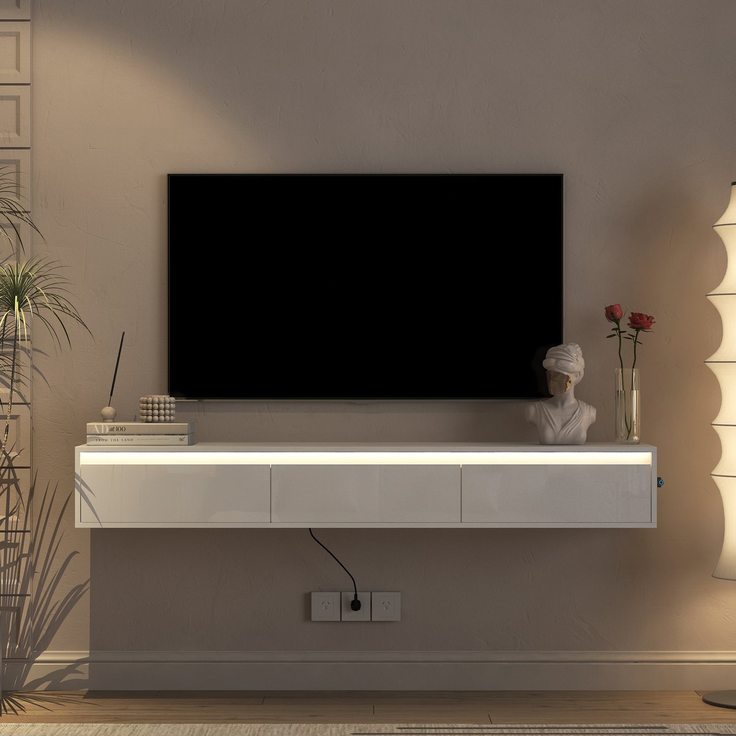 Floating TV Stand, Wall Mounted TV Shelf With Led Lights & Power Outlet, Cabinet For Tv Stands For Living Room