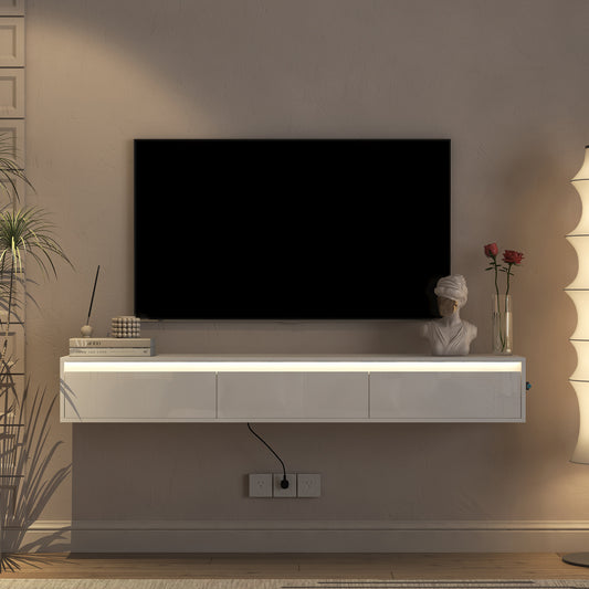 Floating TV Stand, Wall Mounted TV Shelf With Led Lights & Power Outlet, Cabinet For Tv Stands For Living Room