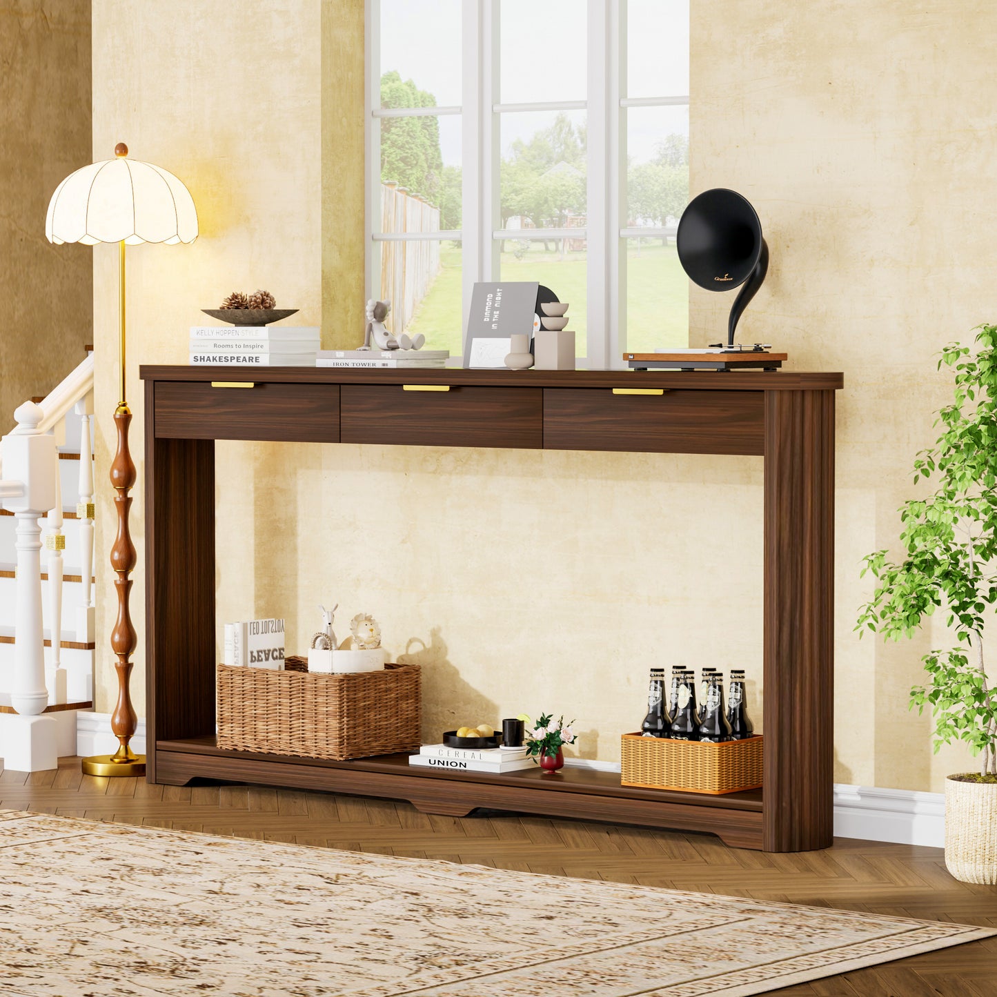 70.1  Wavy-Patterned Storage Table With Drawers, A Slim Wooden Side Table That Can Be Placed Behind A Sofa, Ideal For Entryways, Hallways, And Doorways.Walnut.70.1 Lx8.7 Wx35.5 H