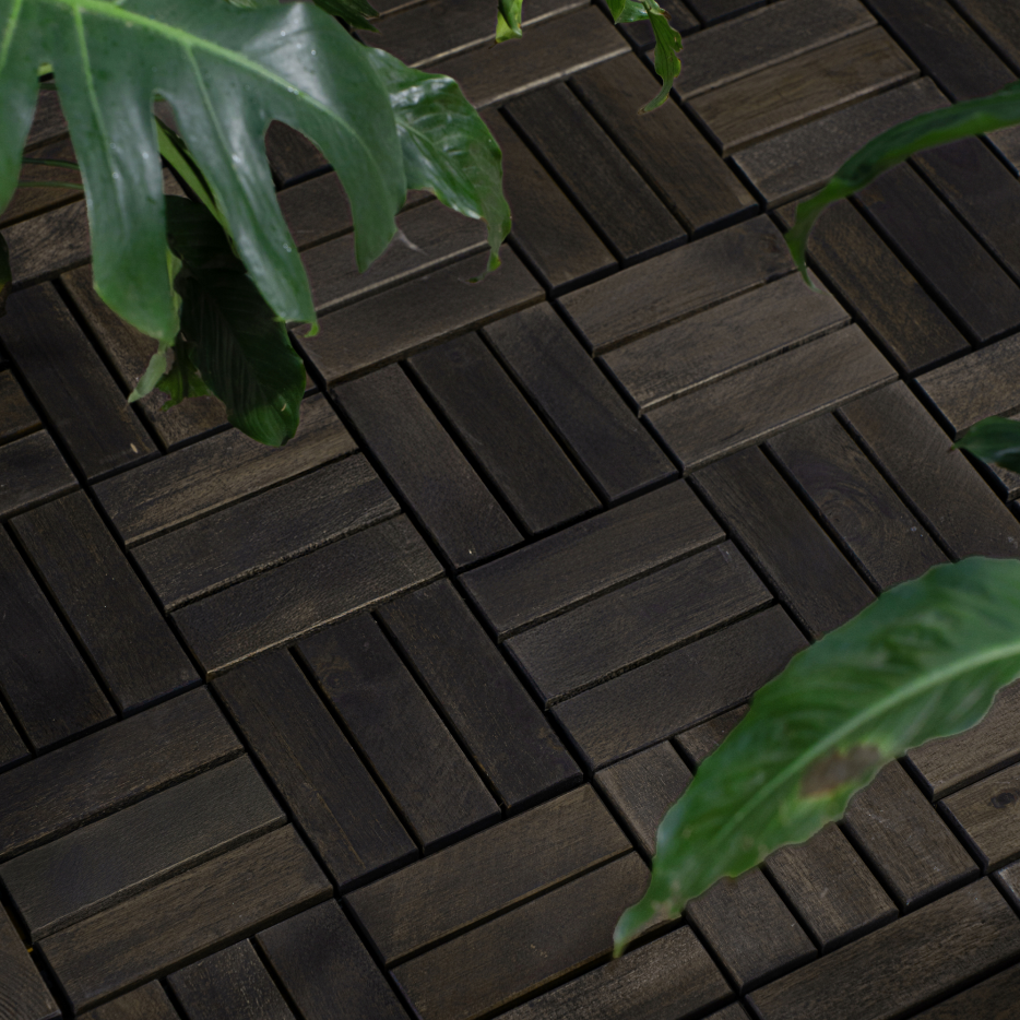 Acacia Wood Interlocking Deck Tiles Checker Pattern, 10PCS 12inch X 12inch Square Dark Brown Acacia Hardwood Outdoor Flooring For Patio, Bancony, Pool Side