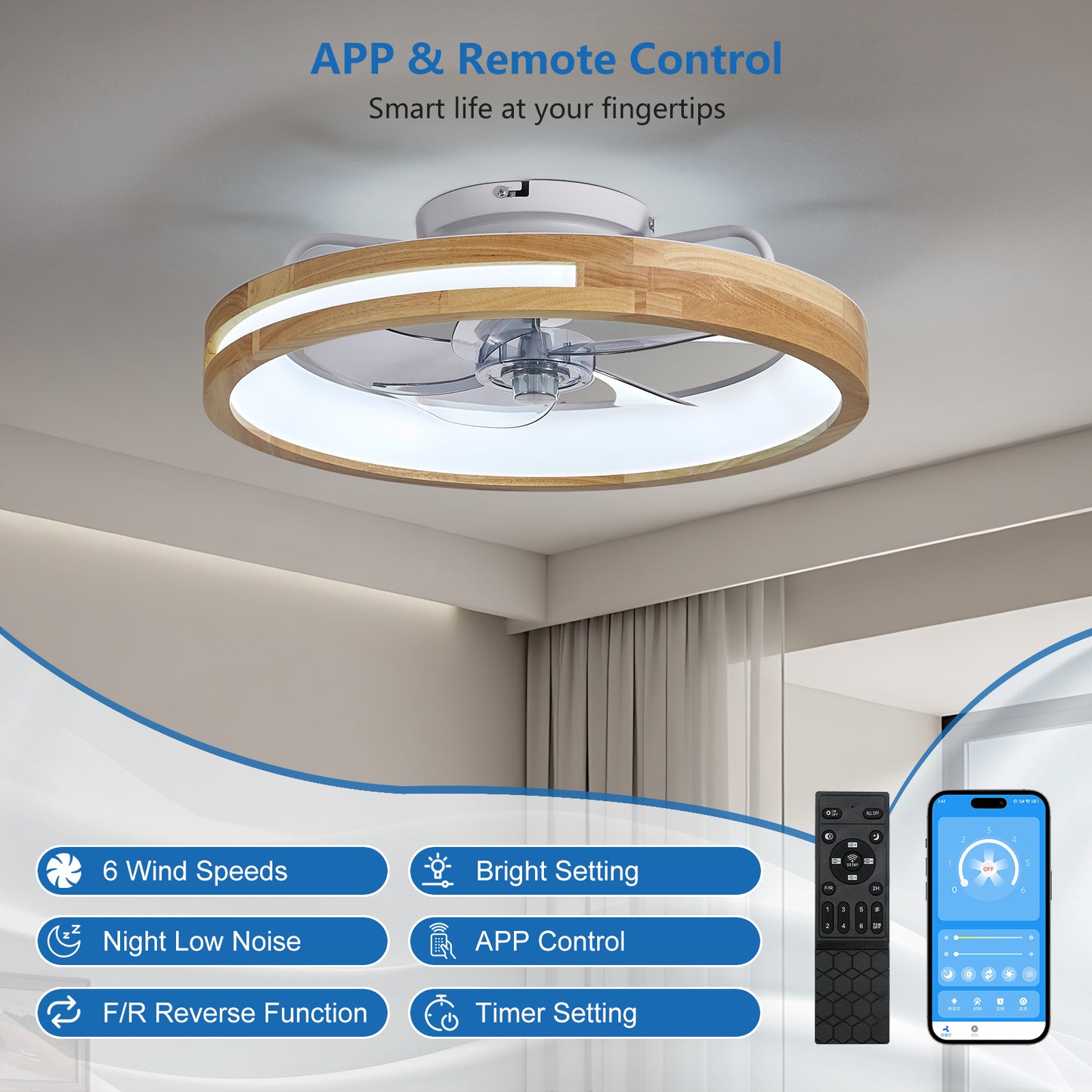 20 Inchs Ceiling Fans With Lights And Remote Low Profile Flush Mount Ceiling Fan With Light,3000-6000K LED Fan Lighting 6 Speed Reversible Quiet Wooden Small Fans And Light For Bedroom Kitchen