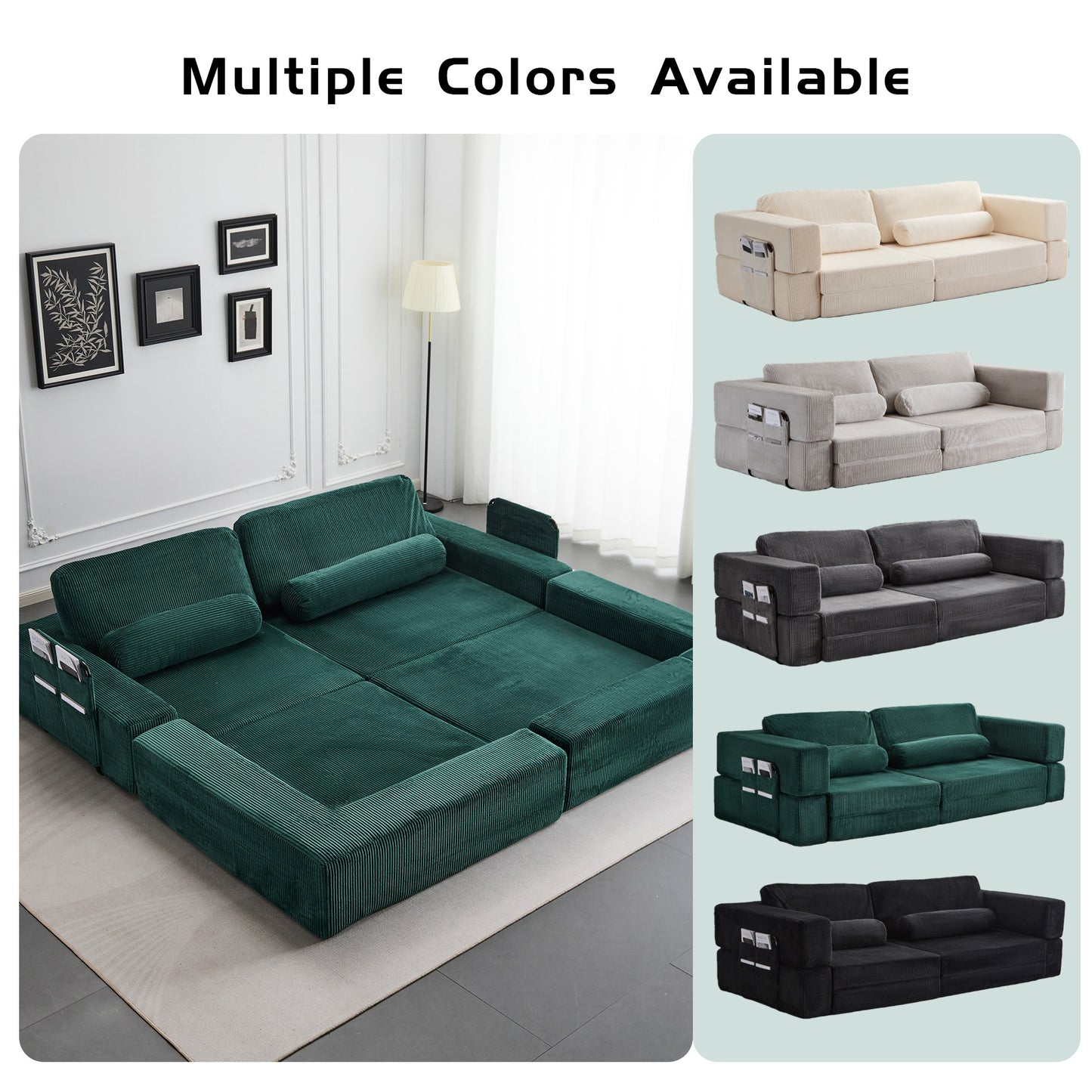 Foldable Castle Sofa Modular PlayCouchfor Living Room & Bedroom Instant Expansion Comfortable &Creative Design Furniture Seater With One Middle Seat,Green.