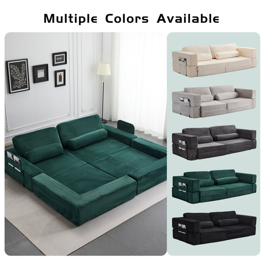 Foldable Castle Sofa Modular PlayCouchfor Living Room & Bedroom Instant Expansion Comfortable &Creative Design Furniture Seater With One Middle Seat,Green.