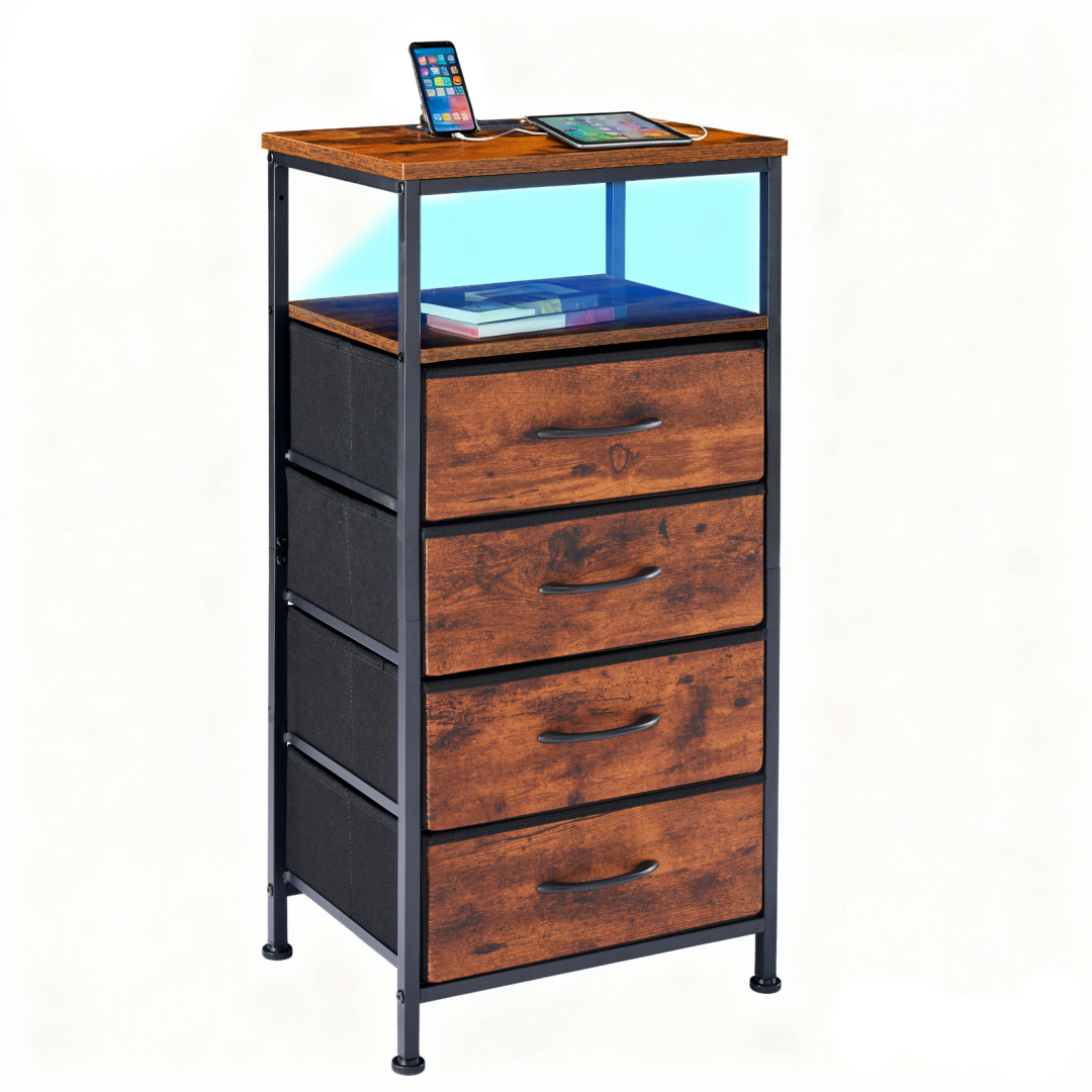 Nightstand With Charging Station, Bedside End Table With 5 Fabric Drawers & USB-Type-C Ports And Outlets