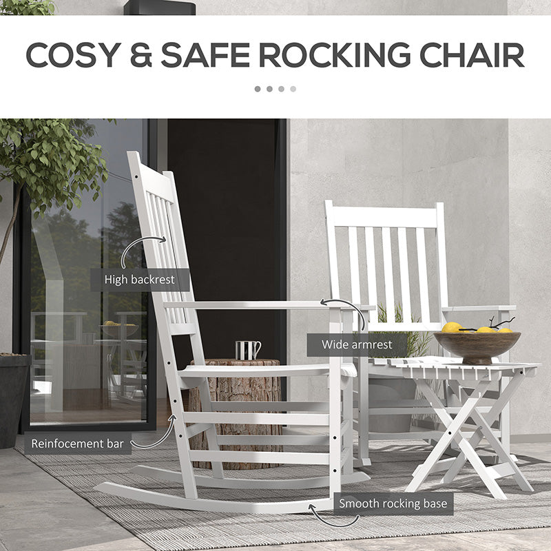 Outdoor Rocking Chair Set Of 2 With Side Table, Patio Wooden Rocking Chair With Smooth Armrests, High Back For Garden, Balcony, Porch, Supports Up To 352 Lbs. , White
