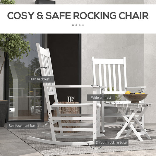 Outdoor Rocking Chair Set Of 2 With Side Table, Patio Wooden Rocking Chair With Smooth Armrests, High Back For Garden, Balcony, Porch, Supports Up To 352 Lbs. , White