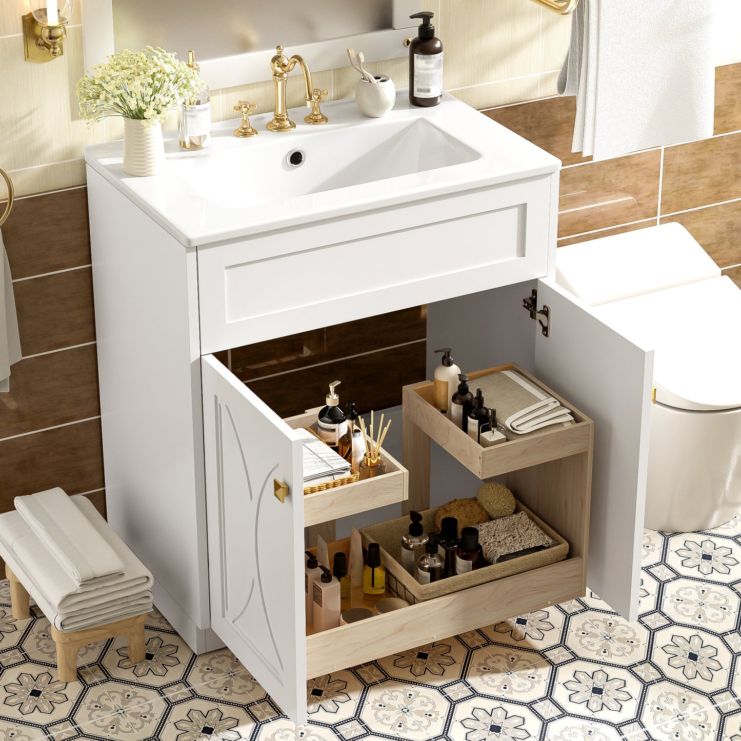 30 Bathroom Vanity With Ceramic Sink Combo, Modern Freestanding Storage Cabinet With Gold Handles,Soft Closing Doors