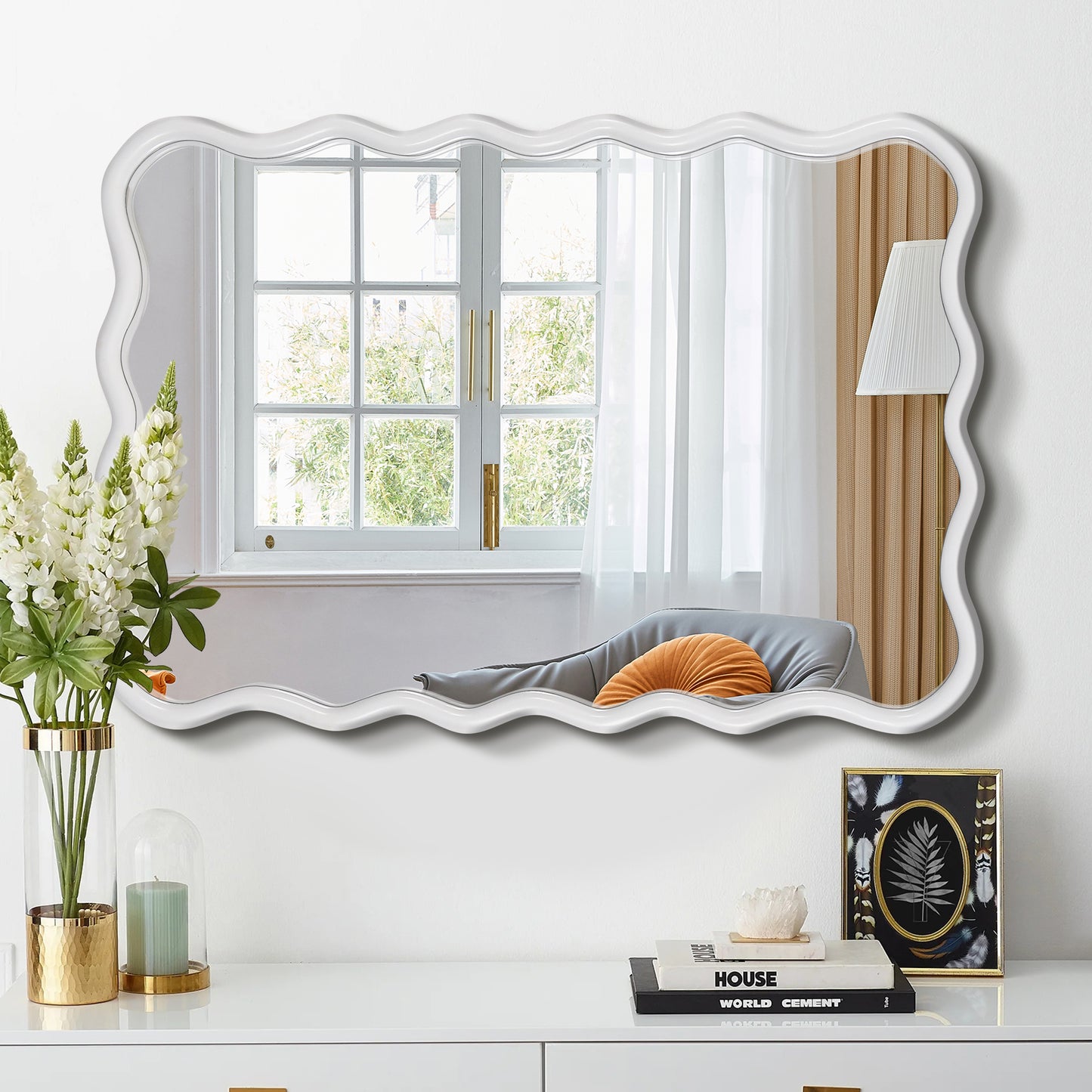 Solid Wood Wavy Rectangle  Mirror-Natural-Wood   40 X 28 Modern Mirror Wall Decor For Bathroom, Bedroom, Living Room, Dining Room, Cloakroom, Entryway