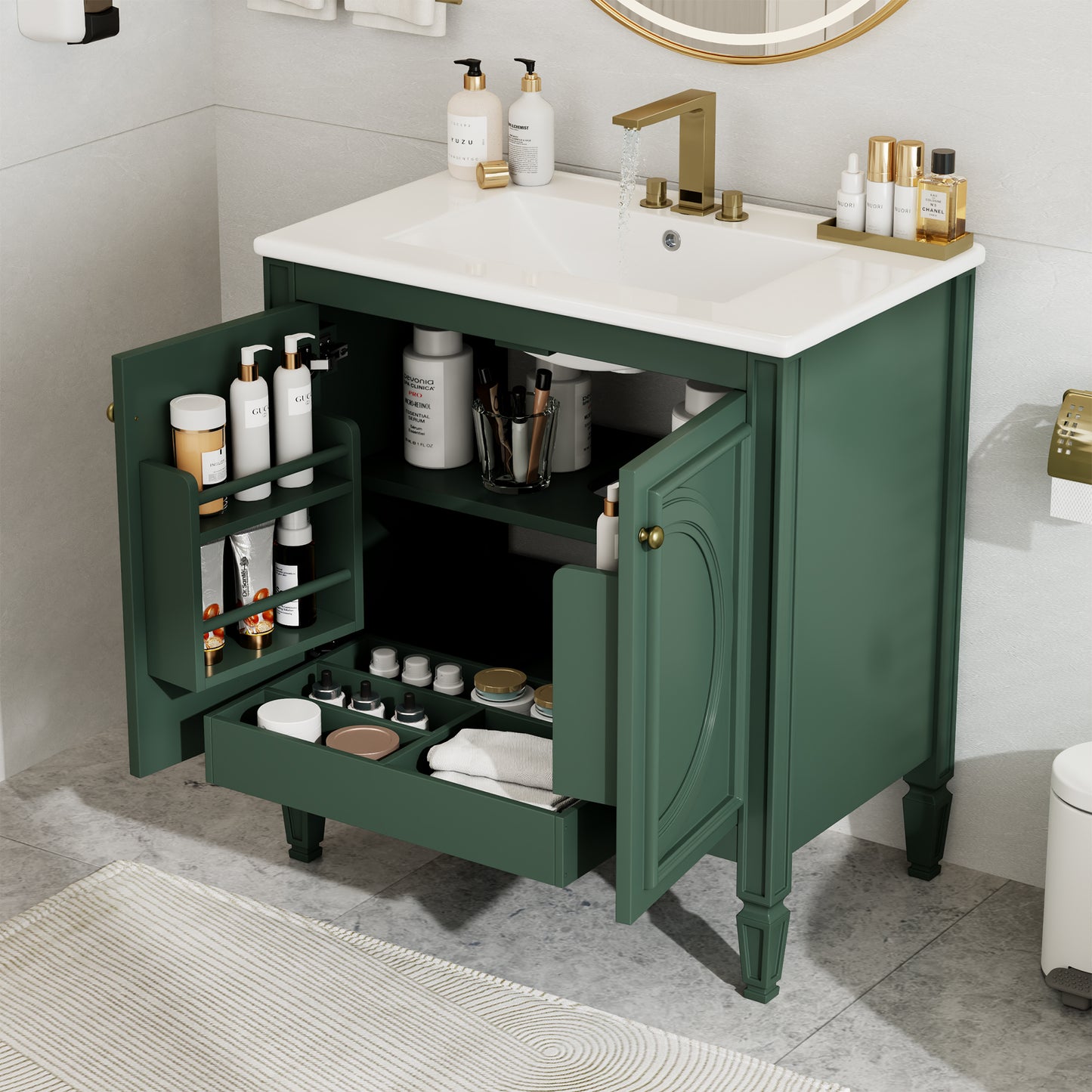 30  Bathroom Vanity With Sink, Two Doors With Shelf, Soft Close Door Hinges, Vintage Style, Green