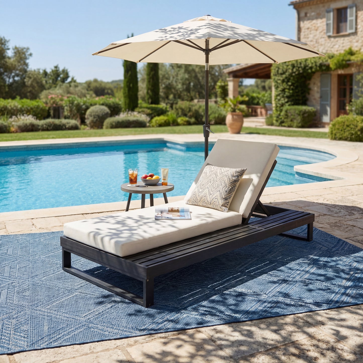 Black Acacia Wood Chaise Lounge With 4-Inch Cream 2-FoldCushion Set, 4-Position Adjustable Outdoor Patio Lounger With Flat Side Surface, For Poolside- Matching Dark  Grey Version Available