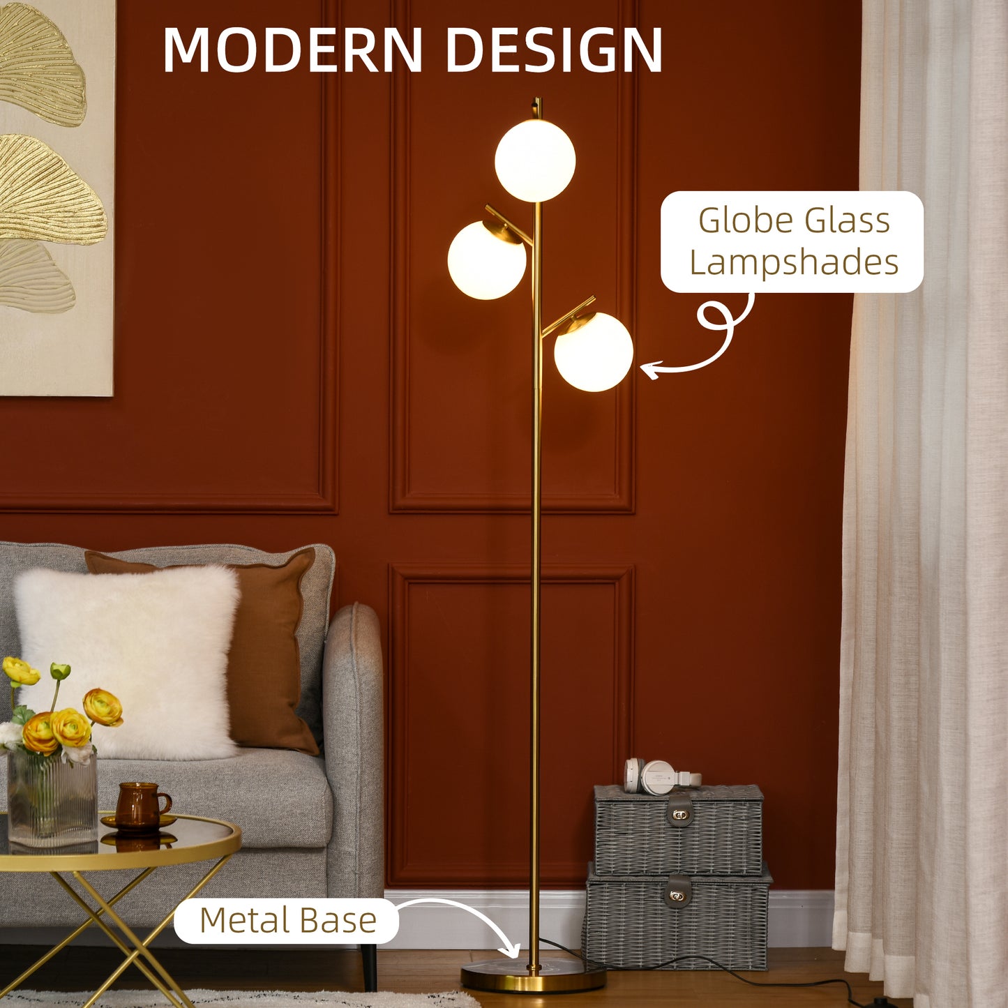 Modern 3-Light Floor Lamp For Living Room, Tree Standing Lamp With Globe Lampshades, 10.75"x10.75"x66.5", Gold