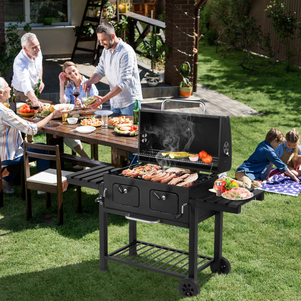 Charcoal Grill Outdoor BBQ Grill, Extra Large Cooking Area With Two Individual & Adjustable Charcoal Doors, Foldable Side Tables For Outdoor Cooking, Backyard, Camping, Picnics