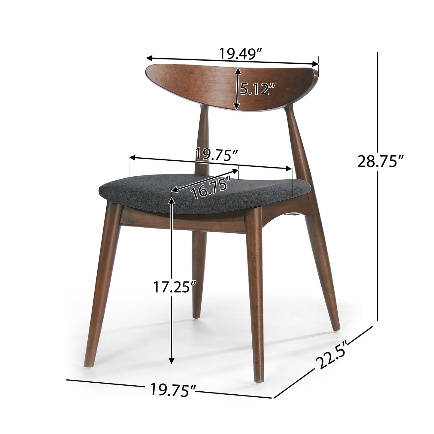 Set Of 2 Retro Rubberwood Chairs With Ergonomic Back & Plush Cushions, Walnut-Charcoal