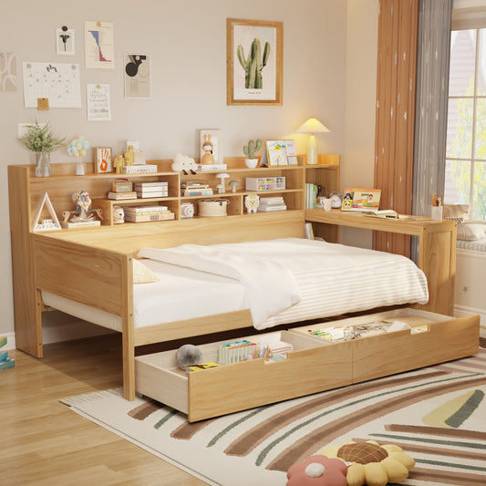 Wooden Twin Size Daybed With Storage Shelves, Multi-functional Bed With 2 Storage Drawers And  Study Desk, Natural