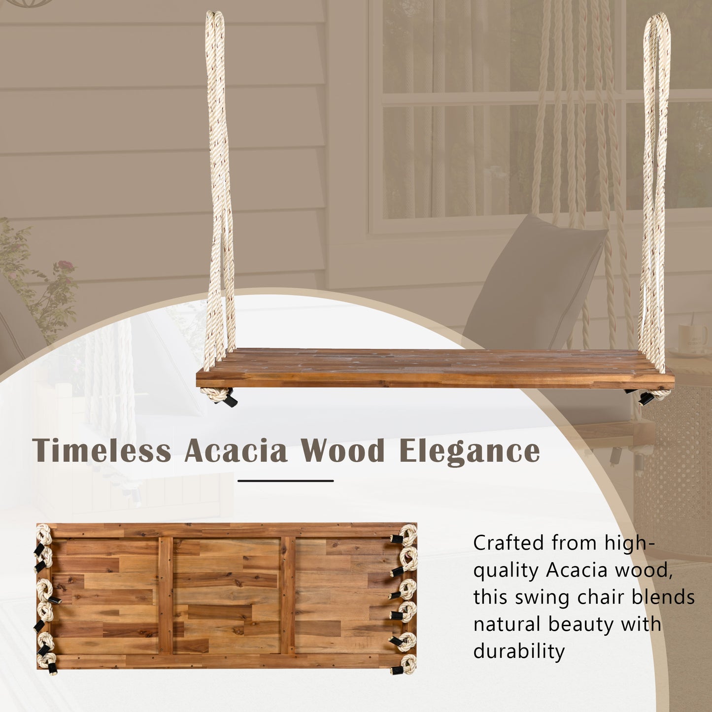 TOPMAx Patio Wooden Swing Chair  Hanging Porch Swing Bench With Cushion&Pillows  10.8Ft Hemp Ropes For Garden   Lawn Natural