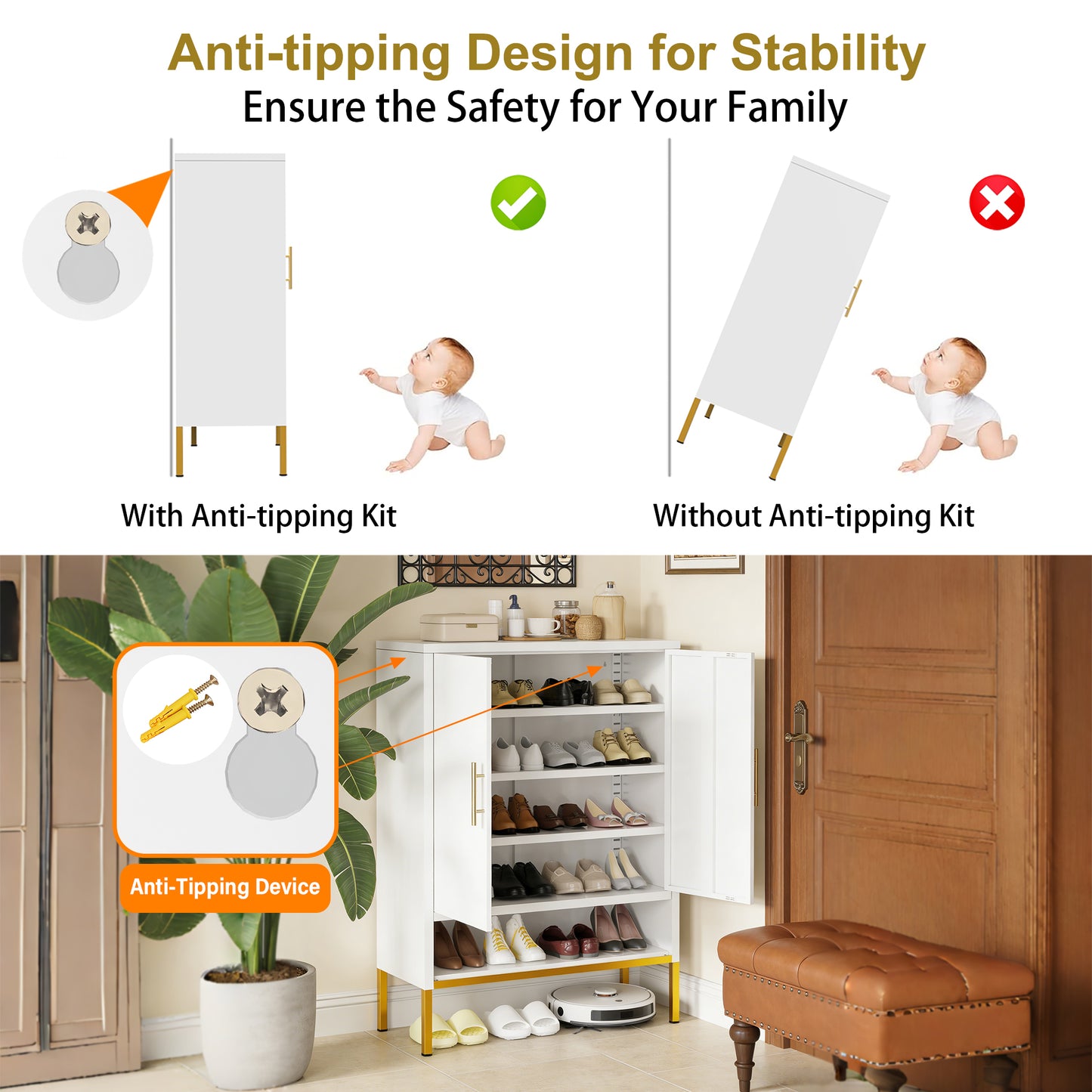 40inch Tall 2-Doors Shoes Cabinet, Metal 7-Tier Hidden Shoe Organizer,Modern Narrow Shoe Storage Cabinet With Adjustable Shelves For Entryway, Hallway, Closet, Bedroom, Living Room,Laundry Room White