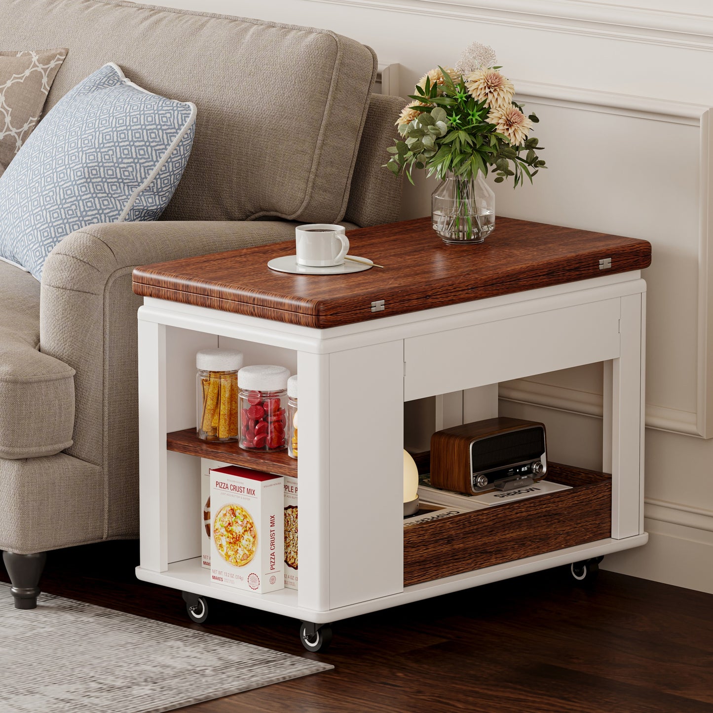 27.6  Modern Multi-Function Coffee Table Side Table With Foldable Top & Casters, Multi-tier Storage, White & Walnut