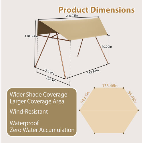 Hexagonal Shade Sail Canopy, Large 206in X118in UV Block Sun Shade With UPF 50-, Waterproof High-Density Polyester Fabric, Brown Rust-Resistant Poles & Built-in Hooks For Patio  -Light Khaki