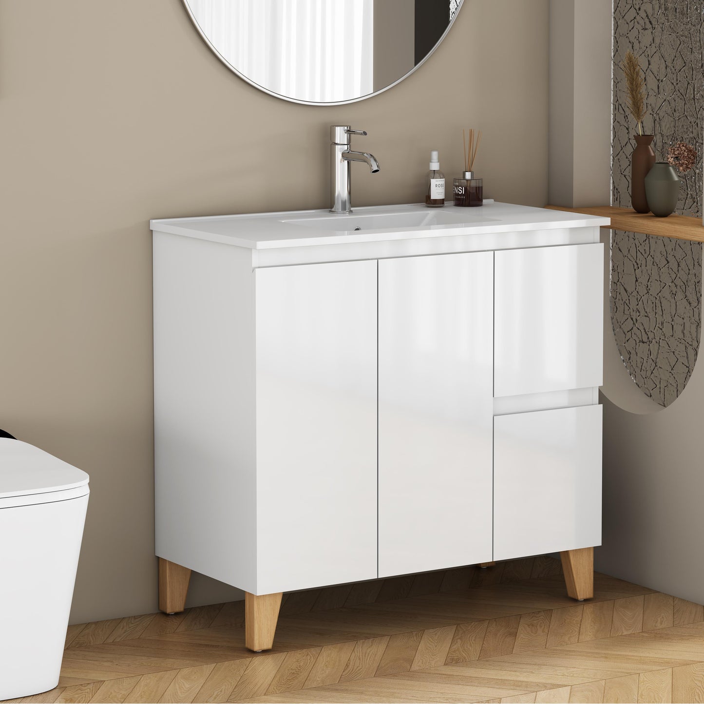 36-Inch Modern Bathroom Vanity With Sink Combo, 2 Doors And 2 Big Drawer, Soft-Clost System,Handle-Free Design,Natural Solid Wood Feet,Ceramic Basin,Ceramic Basin,Easy Assemble,Glossy White