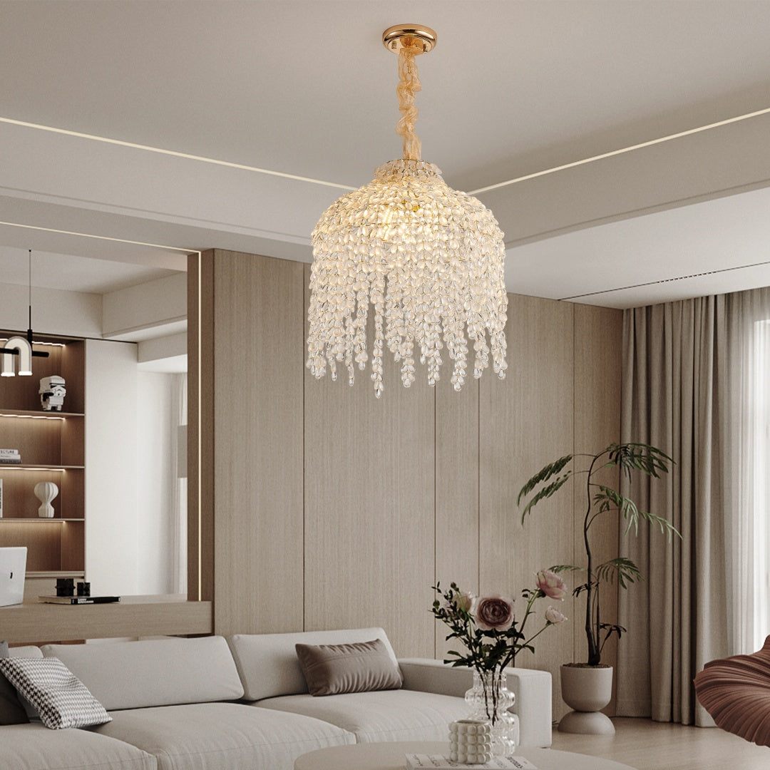 16 Inch 5-Light Crystal Pendant Light Chandelier- Elegant Waterfall Design With Grape-Shaped Crystal Bead Strings And Gold Finish For Living Room, Bedroom, Or Dining Area  Bulb Not Included