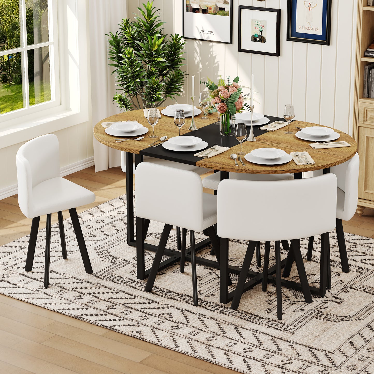 7-Piece Oval Dining Table Set, Fixed Wood Grain & Black Triamine Tabletop With 6 White PU Leather Chairs, Modern Kitchen Table Set For 6 People, Ideal For Small Spaces, Apartment, Dining Room
