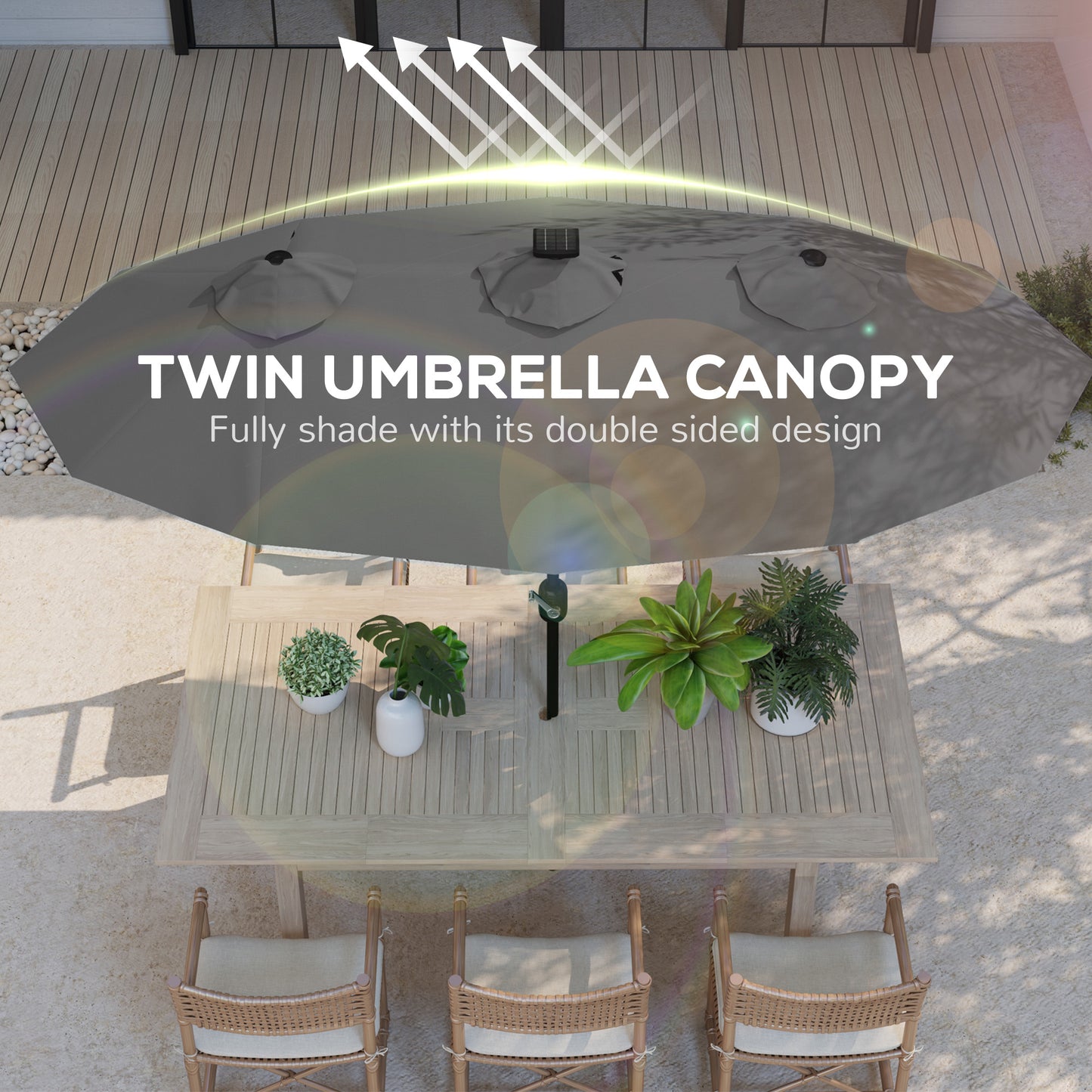 Double-sided Patio Umbrella, 9.7 Outdoor Umbrella With Tilt And Crank, LED Solar Light And 12 Ribs, Gray