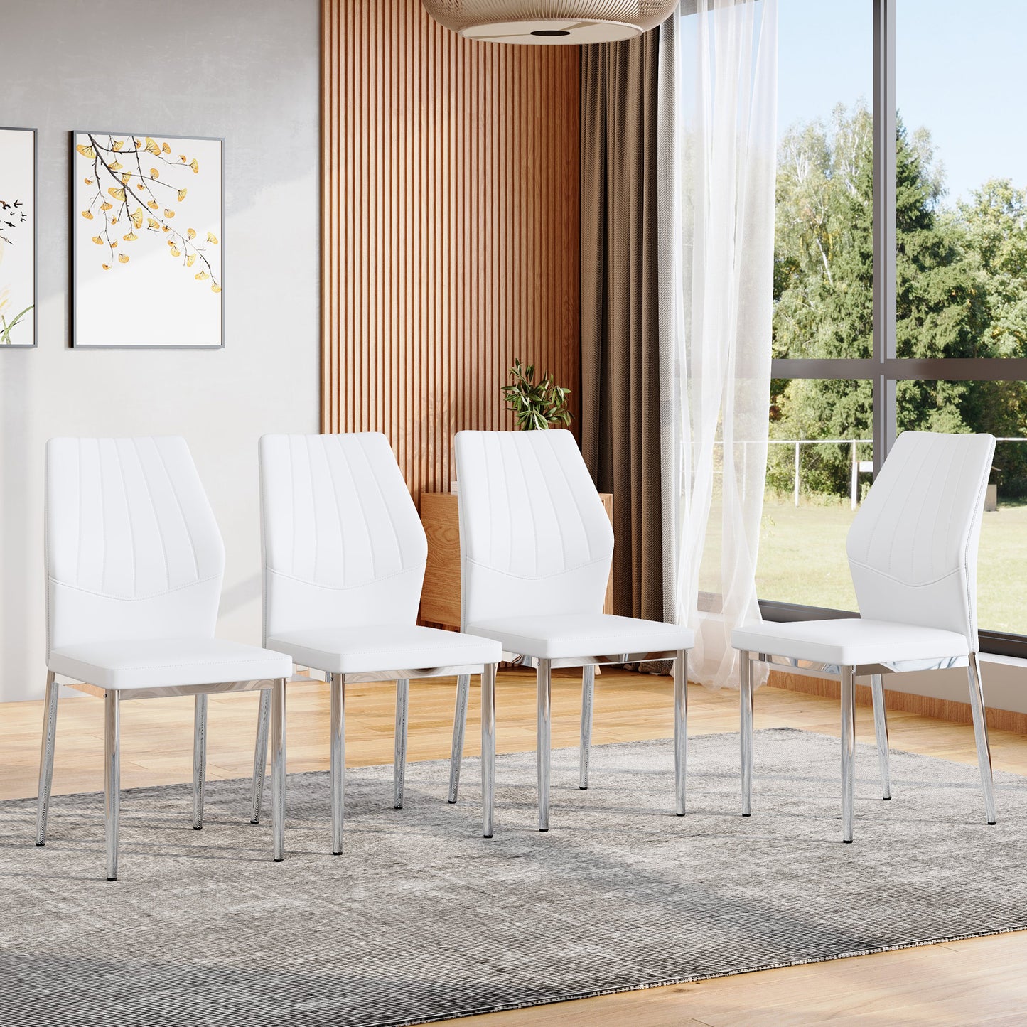 Set Of 4 Silver - And - White Dining Chairs,37 Inches High Ergonomic PU Backrest, Combines Comfort And Style.Perfectly Blends Comfort And Elegance, Injecting More Comfort And Style Into Dining Time.