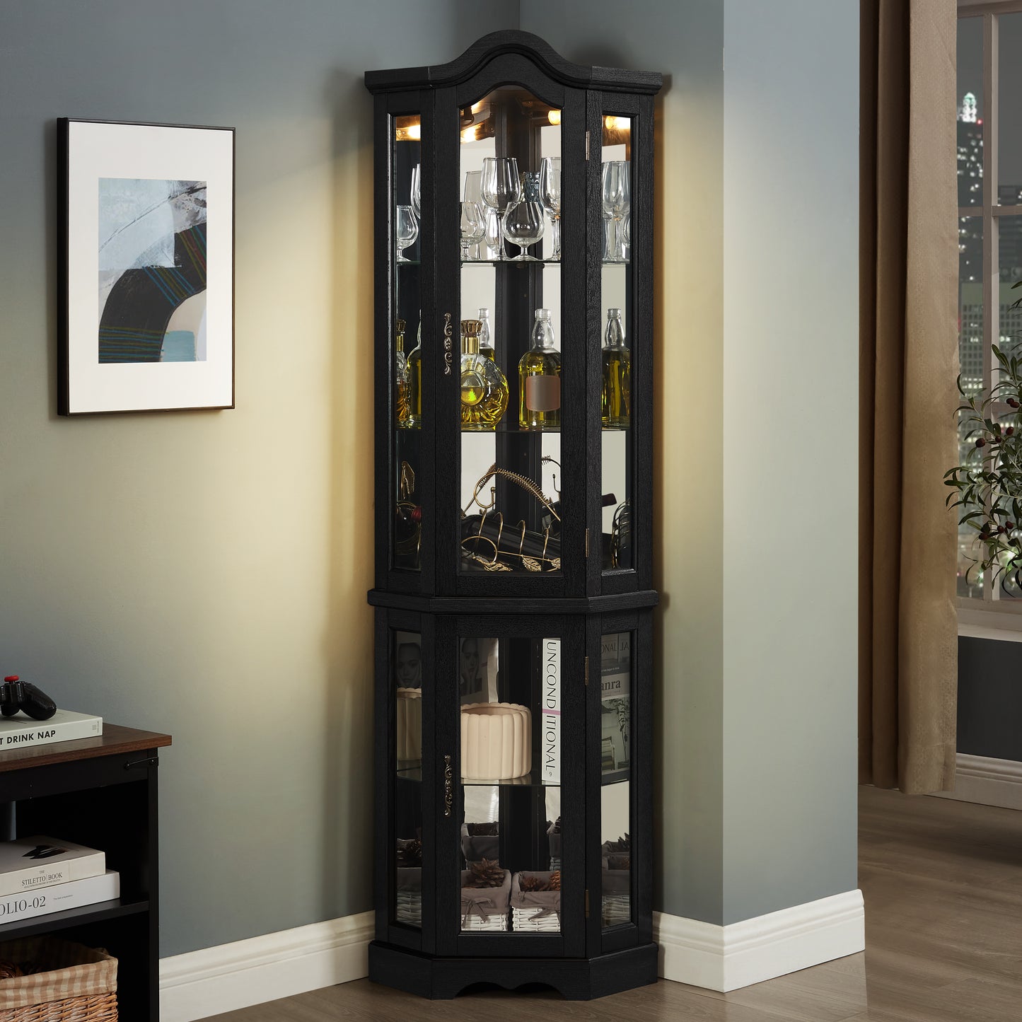 Lighted Corner Curio Cabinet With Tempered Glass Doors & Shelves - Elegant Oak Display Storage For Living Room & Bedroom Decor-BLACK