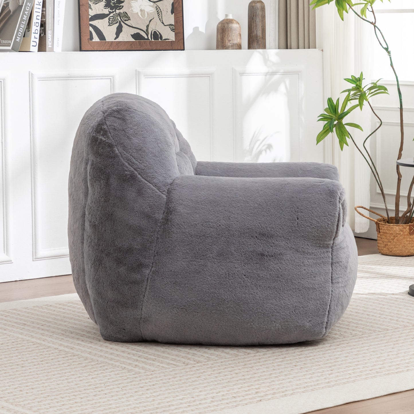 Bean Bag Chair, Comfy Bean Bag Sofa With Back Support, Faux Fur Bean Bag Chair For Adults And Kids, Stuffed Floor Sofa For Living Room, Bedroom, Apartment, Grey