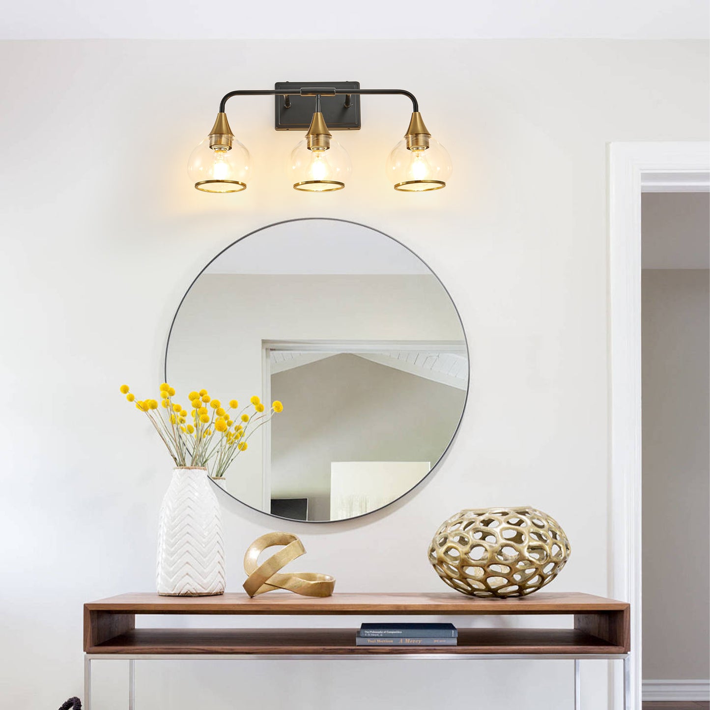 23 Modern 3-Light Vanity Wall Sconce - Black And Gold Bathroom Light Fixture With Clear Glass Shades, Industrial Wall Mounted Lamp For Mirror, Vanity, And Living Spaces Bulb Not Included