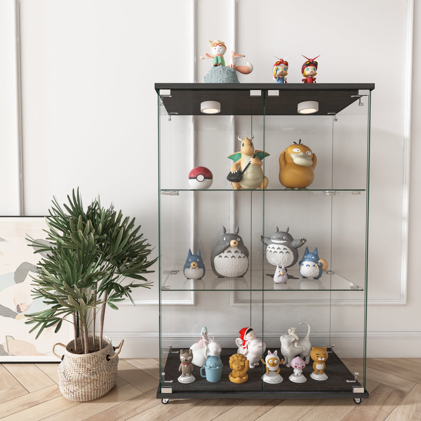 Modern Glass Display Cabinet With LED Lights, Quick-assembly Antique Cabinet, Tempered Glass Bookshelf, Suitable For Living Room And Bedrooms, 2-door 3-shelf, Transparent Black