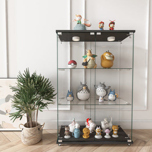 Modern Glass Display Cabinet With LED Lights, Quick-assembly Antique Cabinet, Tempered Glass Bookshelf, Suitable For Living Room And Bedrooms, 2-door 3-shelf, Transparent Black