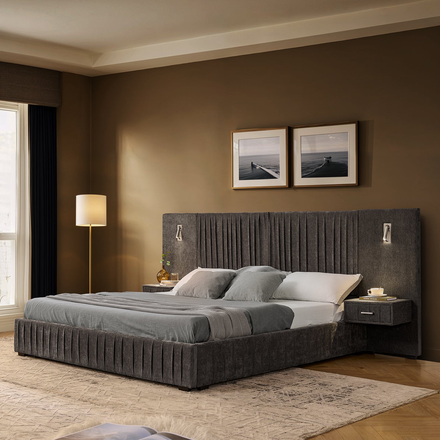Queen Size Upholstered Bed Frame With Chenille Fabric With Pleated Design,Grounded Queen Size Platform Bed With Headboard And Solid Frame And The Bedside Table.No Box Spring Needed-DARK GREY