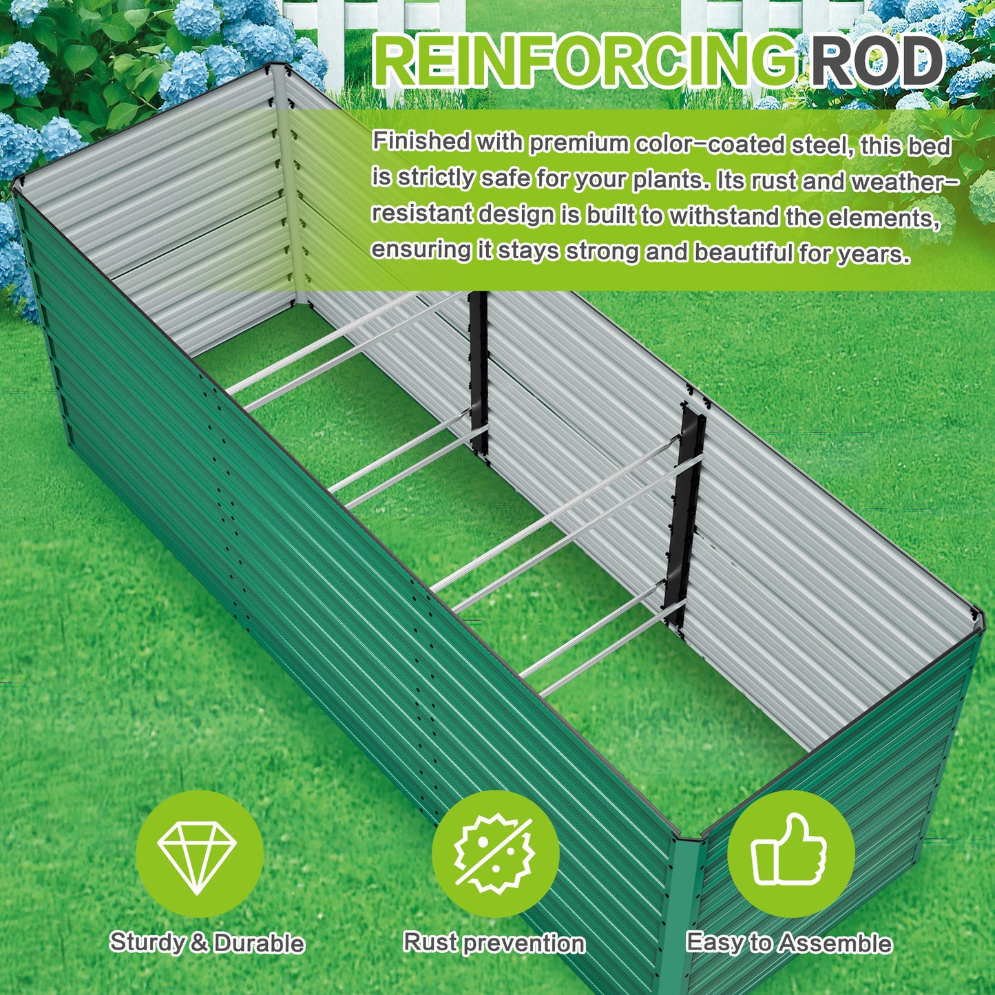 93.7in X 31.5in X 32.3in Raised Garden Bed Kit, 32in Ergonomic Height No Bending Metal Planter Box, Open-Ended Base For Drainage, 8 Reinforcing Rods, Rustproof Steel -Easy Assembly