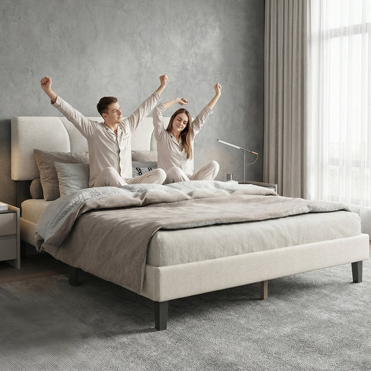 Full Size Platform Bed Frame With Adjustable Fabric Upholstered Headboard And Wooden Slats Support Fully Upholstered Mattress Foundation No Box Spring Needed Easy Assembly Beige