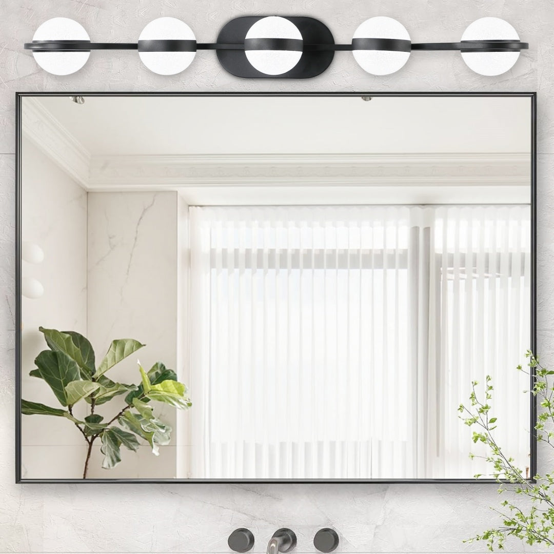 Modern Minimalist Bathroom Vanity Light, LED 5 Bulb Frosted Glass Shades, Wall Mounted Decorative Lighting Fixture, Suitable For Bathroom Vanity Mirror  Black