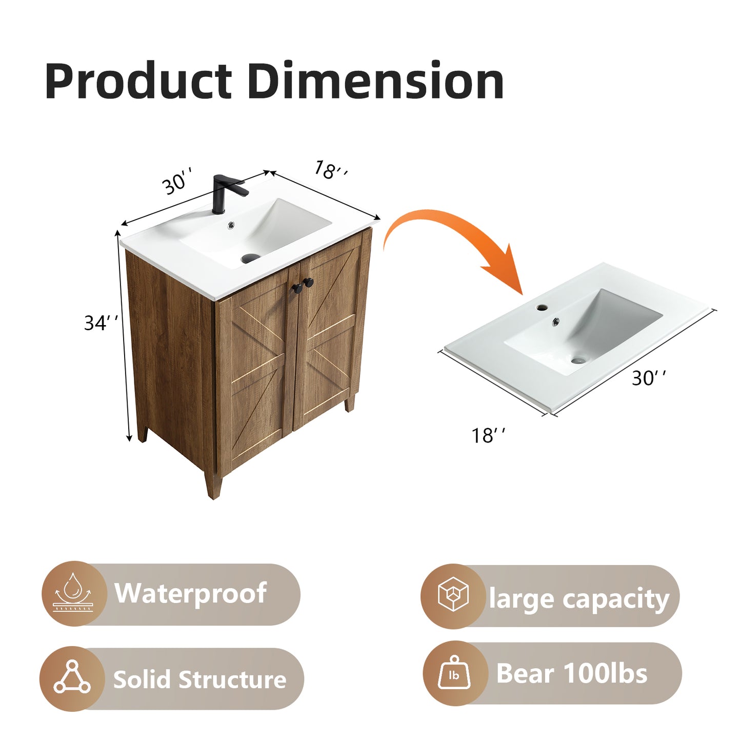 30inch Golden Oak Folding Floor Cabinet With Ceramic Sink- Patented 1-Minute Install  Space-Saving & Easy Assemble American Style