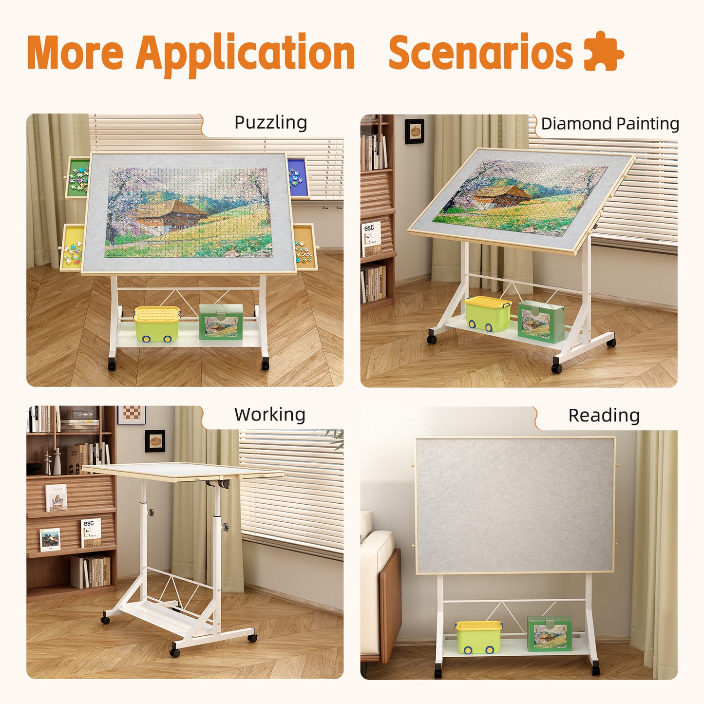 WHITE Wooden 1500 Piece Puzzle Table With Drawer, 35x27.17 Adjustable Puzzle Table, 360 Tilting Puzzle Table With Legs And Wheels, Adjustable Height And Angle, With Protective Cover