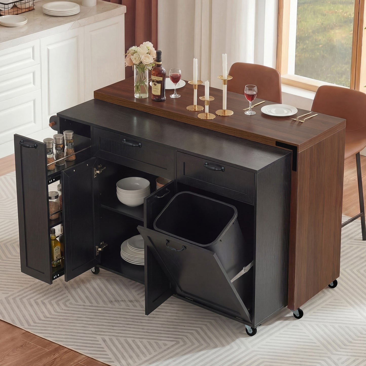 K&K 102.3  Kitchen Island With Extendable Dining Table, Kitchen Rolling Island Cart With Trash Storage Cabinet, 3 Tier Pull Out Spice Rack, Mobile Island Table On Wheels For Kitchen, Dining Room,Black